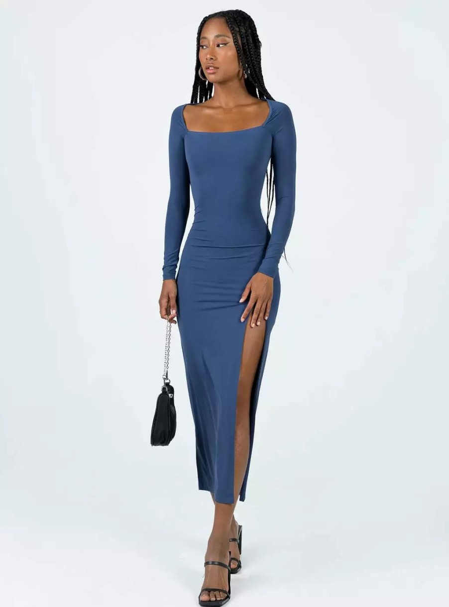 Maxi & Midi Dresses * | Princess Polly Lower Impact Hayward Long Sleeve Midi Dress Blue