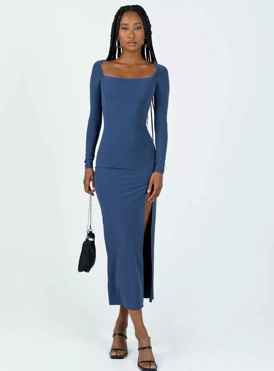 Maxi & Midi Dresses * | Princess Polly Lower Impact Hayward Long Sleeve Midi Dress Blue