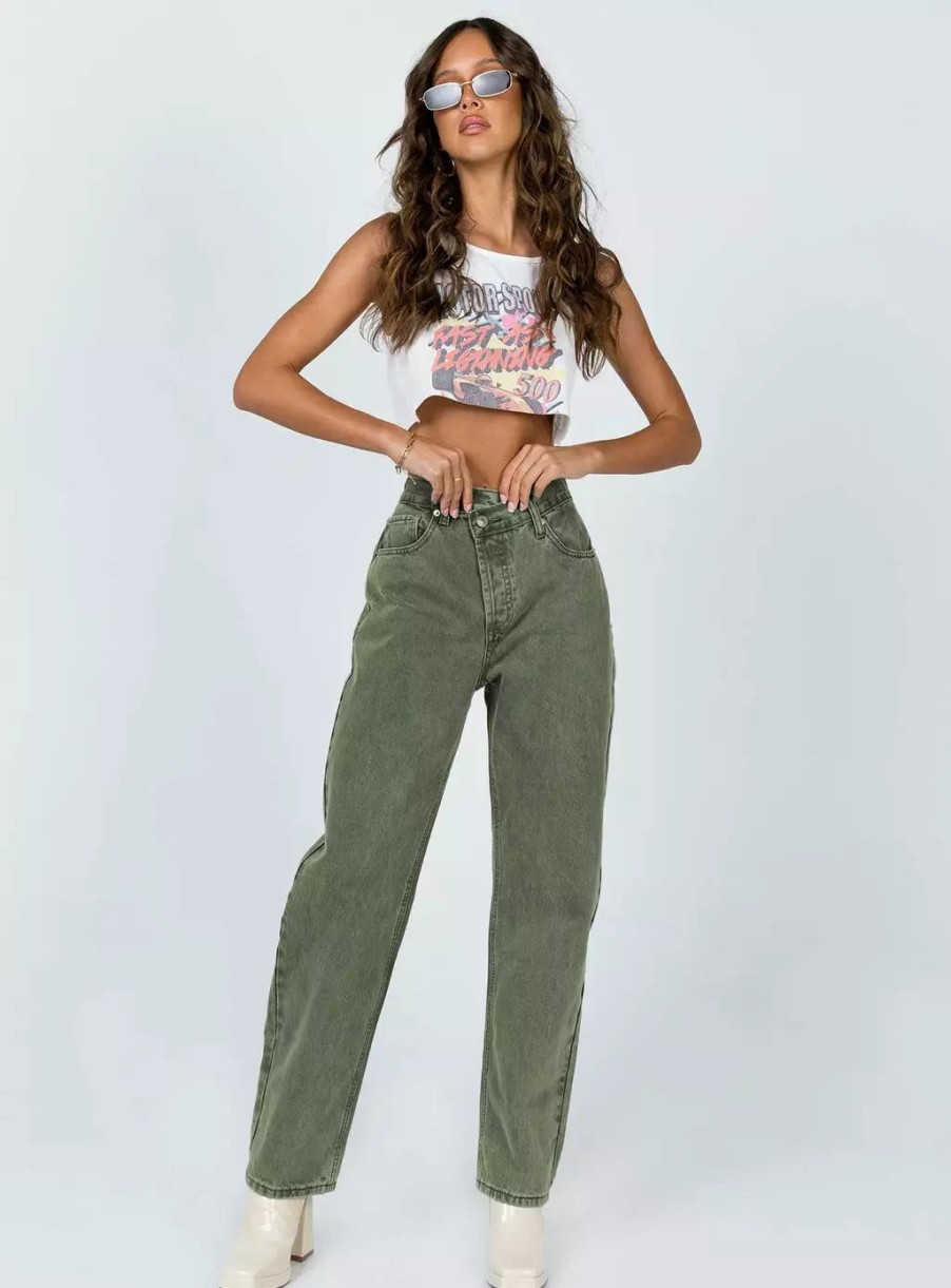 Jeans * | Princess Polly Holly Asymmetric Straight Leg Jean Green Denim