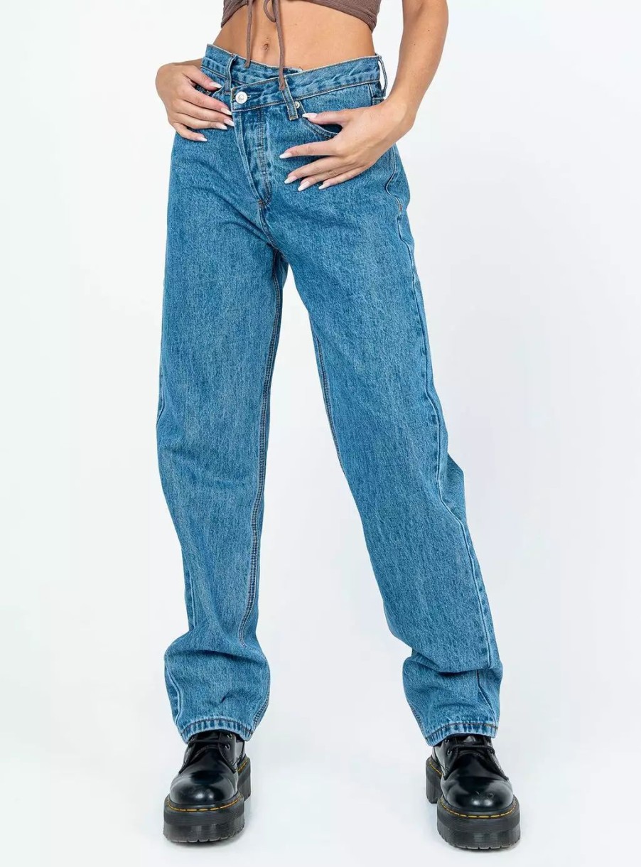 Jeans * | Princess Polly Holly Asymmetric Straight Leg Jean Mid Wash Denim