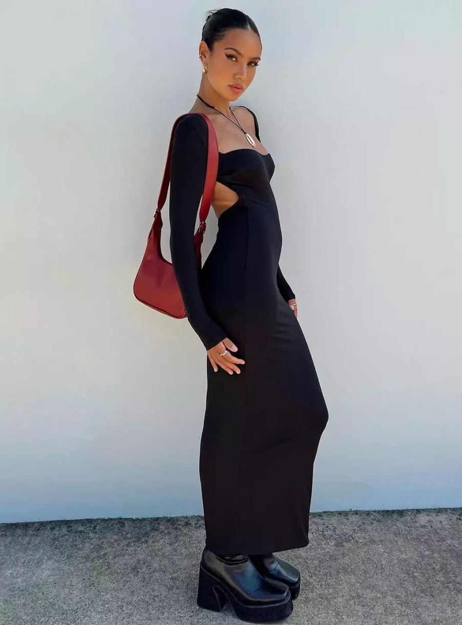 Maxi & Midi Dresses * | Princess Polly Lower Impact Dorado Long Sleeve Midi Dress Black