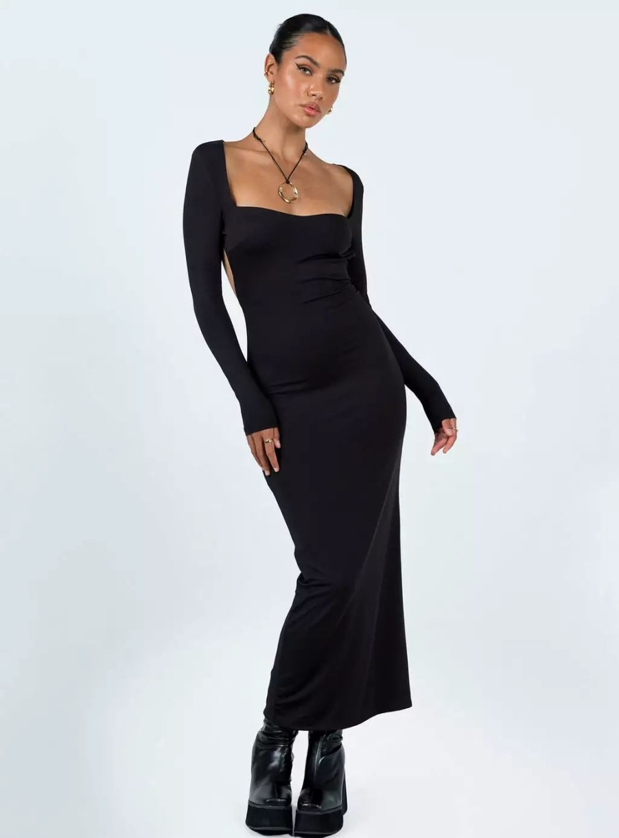 Maxi & Midi Dresses * | Princess Polly Lower Impact Dorado Long Sleeve Midi Dress Black