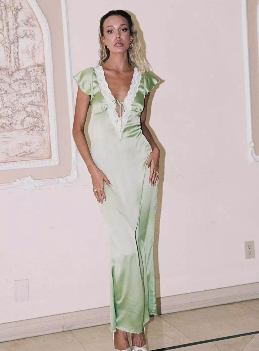 Maxi & Midi Dresses * | Princess Polly Lower Impact Armas Lace Trim Maxi Dress Green