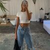 Jeans * | Princess Polly Holly Asymmetric Ripped Leg Jeans Light Wash Denim