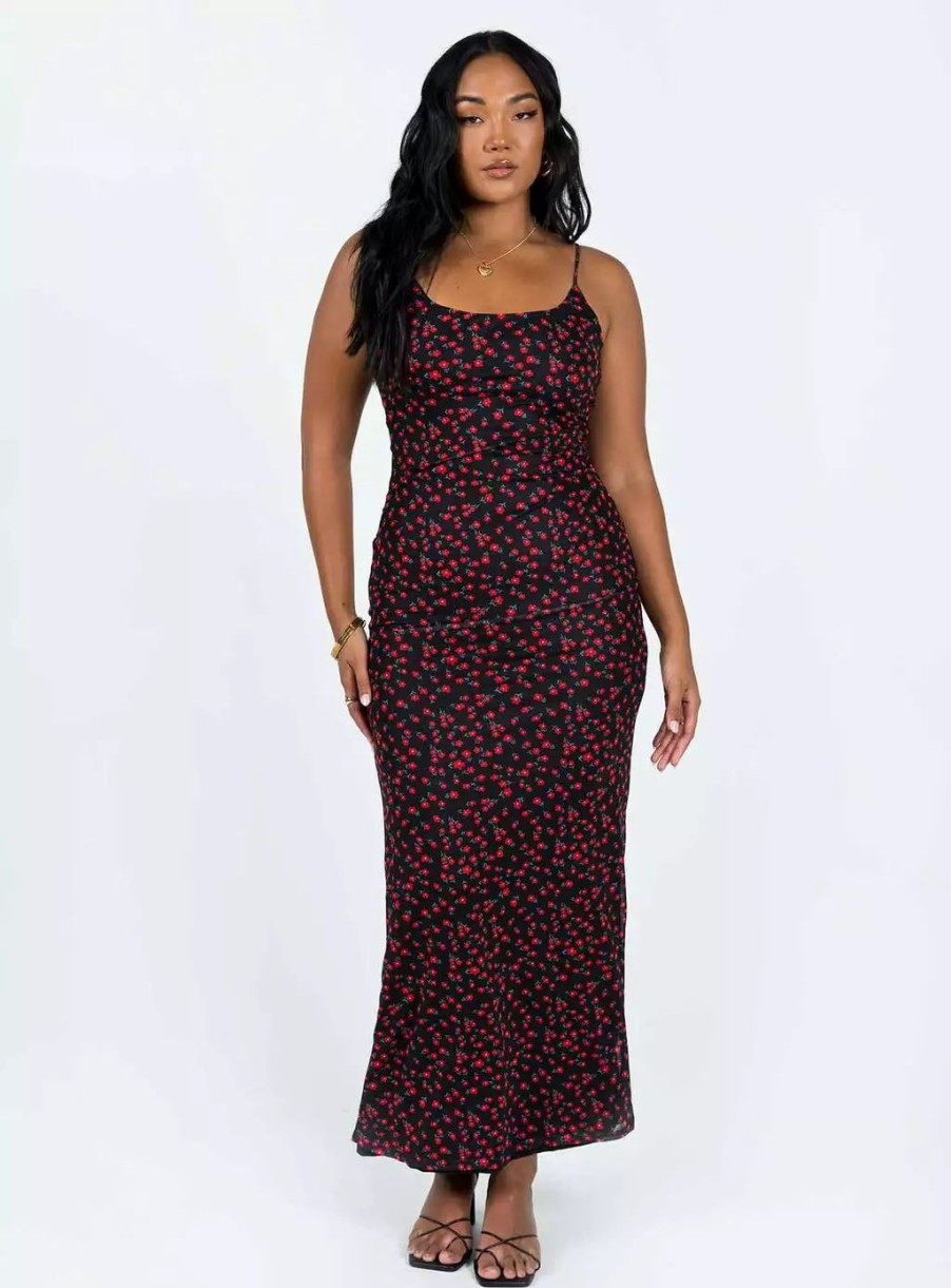 Maxi & Midi Dresses * | Princess Polly Lower Impact Knox Maxi Dress Black / Red Floral