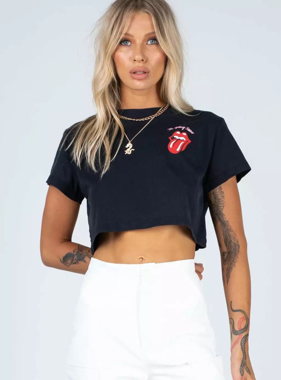 Graphic Tops * | Princess Polly Rolling Stones Many Tongues Crop Tee Black