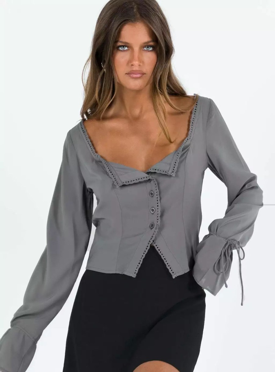 Woven Tops * | Princess Polly Carila Lace Voile Sheer Top Grey