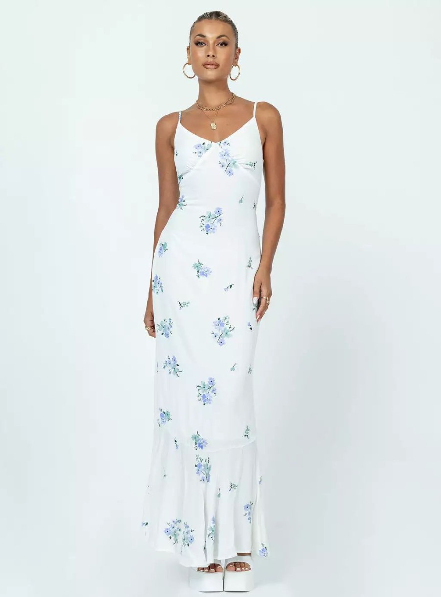 Maxi & Midi Dresses * | Princess Polly Lower Impact Sing Along Maxi Dress White / Blue