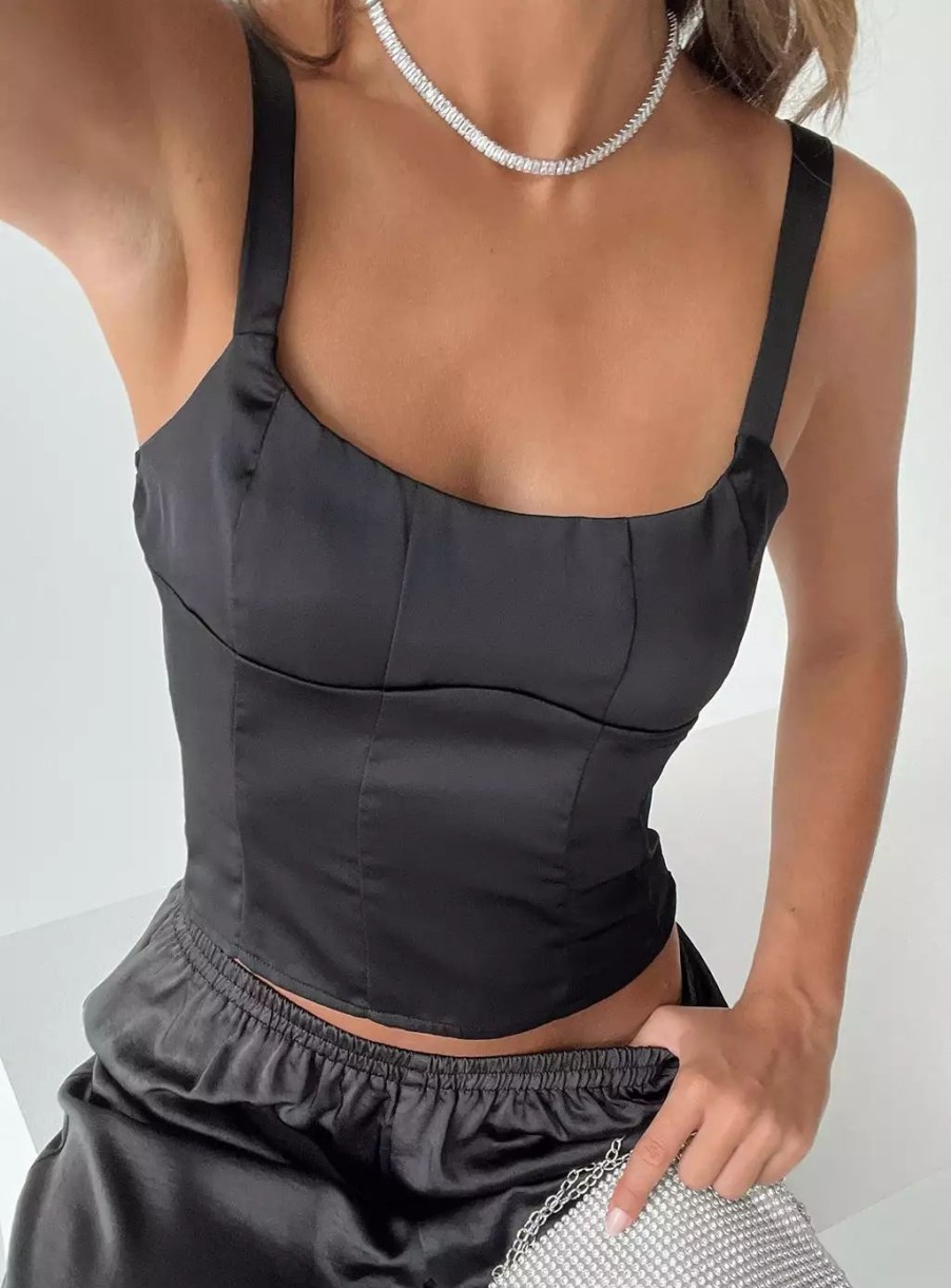 Woven Tops * | Princess Polly Lower Impact Golda Satin Corset Top Black