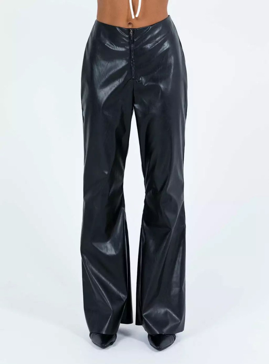 Pants * | Princess Polly Valla Faux Leather Flare Pants Black